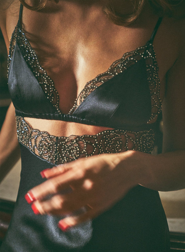 Black - Beaded Rose Slip Dress | Fleur du Mal - DEMO