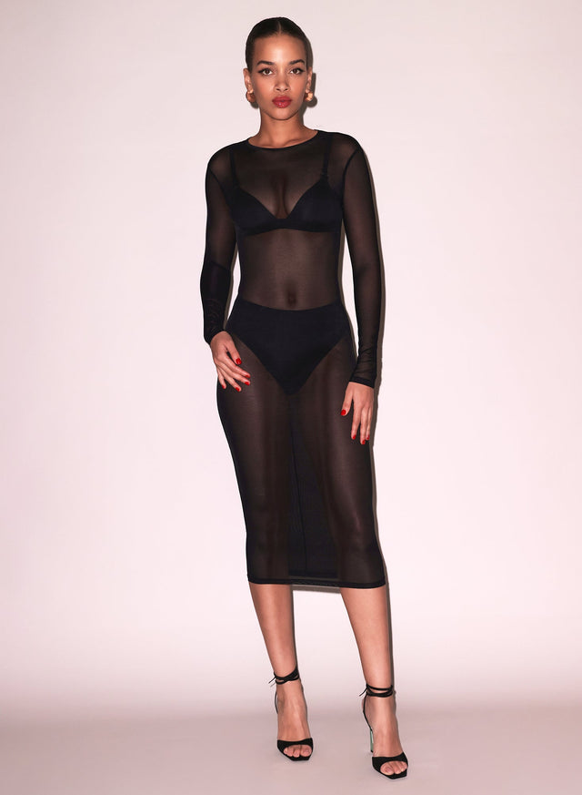 Black - Mesh Long Sleeve Midi Dress | Fleur du Mal - DEMO