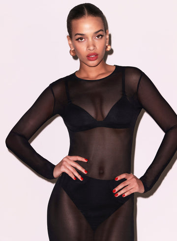 Black - Mesh Long Sleeve Midi Dress | Fleur du Mal - DEMO