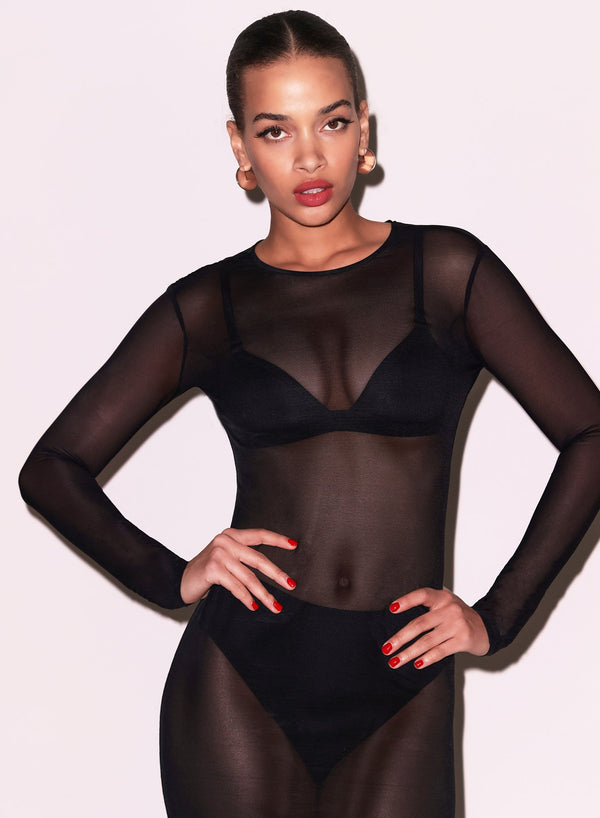 Black - Mesh Long Sleeve Midi Dress | Fleur du Mal - DEMO