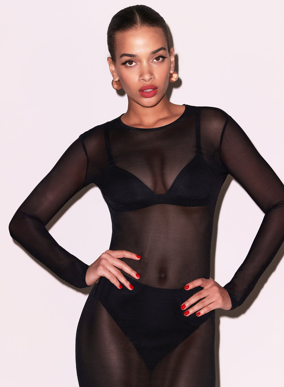 Black - Mesh Long Sleeve Midi Dress | Fleur du Mal - DEMO