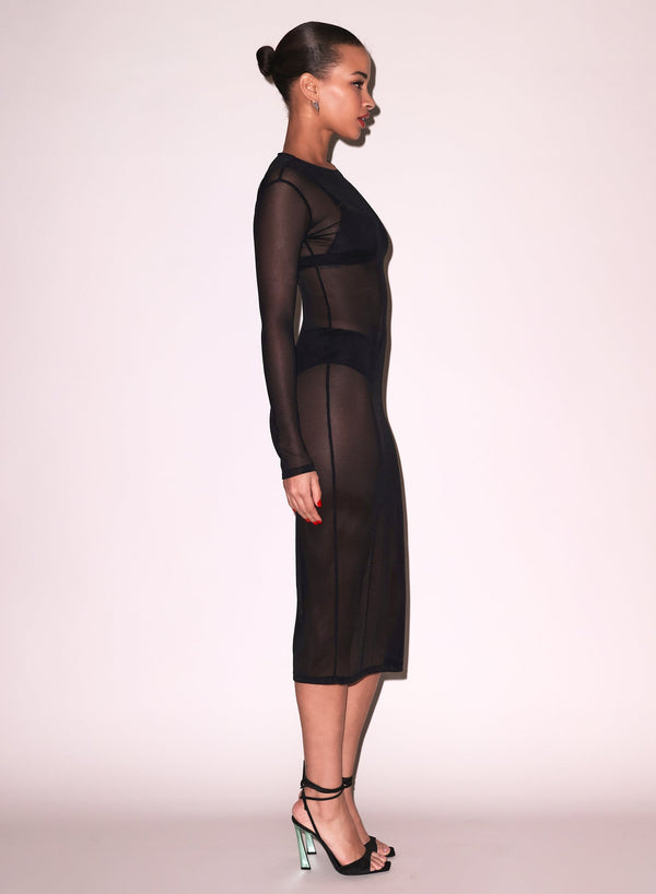 Black - Mesh Long Sleeve Midi Dress | Fleur du Mal - DEMO