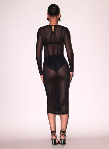 Black - Mesh Long Sleeve Midi Dress | Fleur du Mal - DEMO