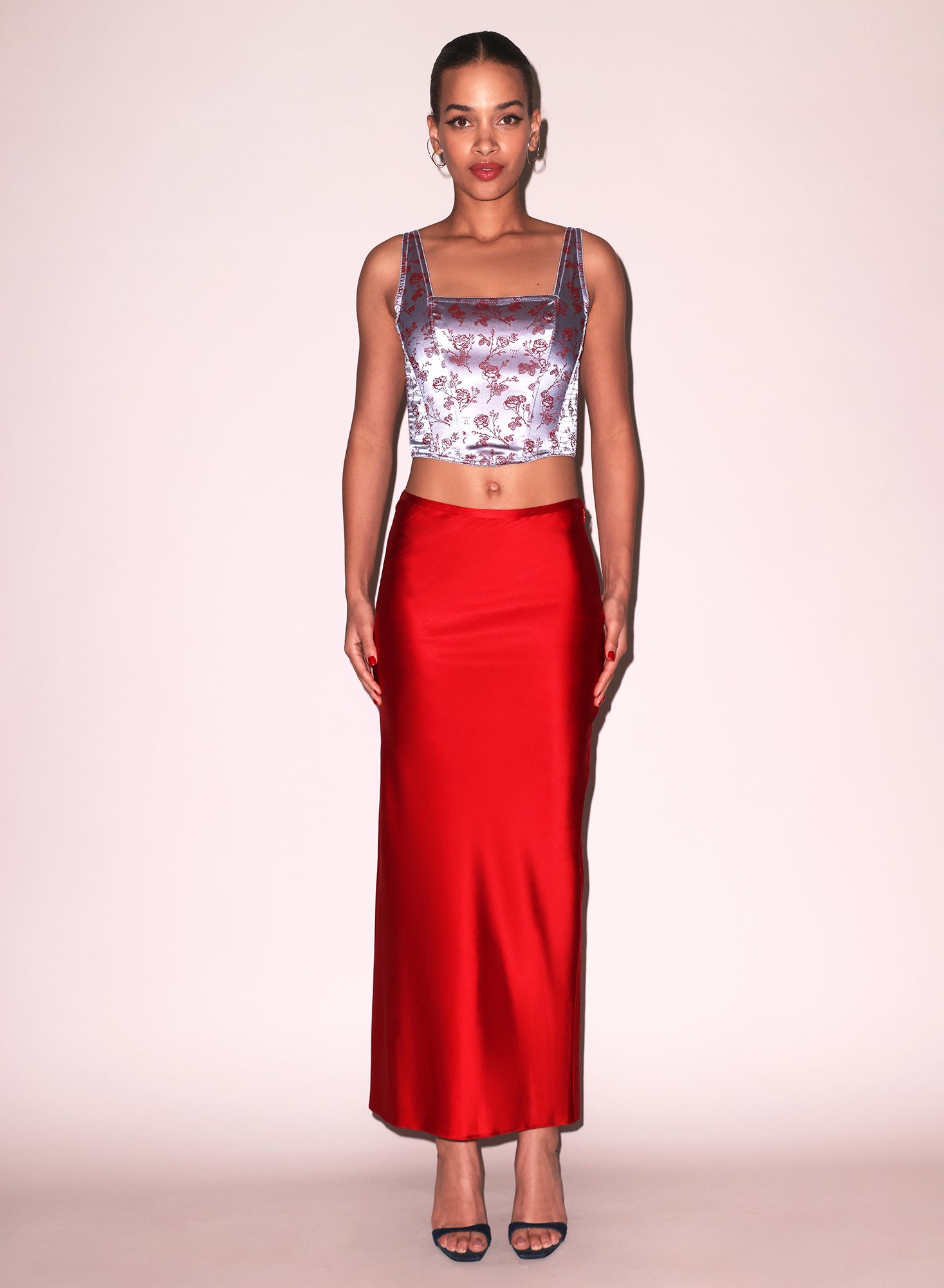 Rose Jacquard Corset Top & Silk Red Skirt
