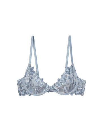 Steel blue - Fuller Cup Velvet Lily Embroidery Plunge Demi Bra | Fleur du Mal - DEMO