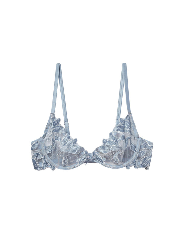 Steel blue - Fuller Cup Velvet Lily Embroidery Plunge Demi Bra | Fleur du Mal - DEMO