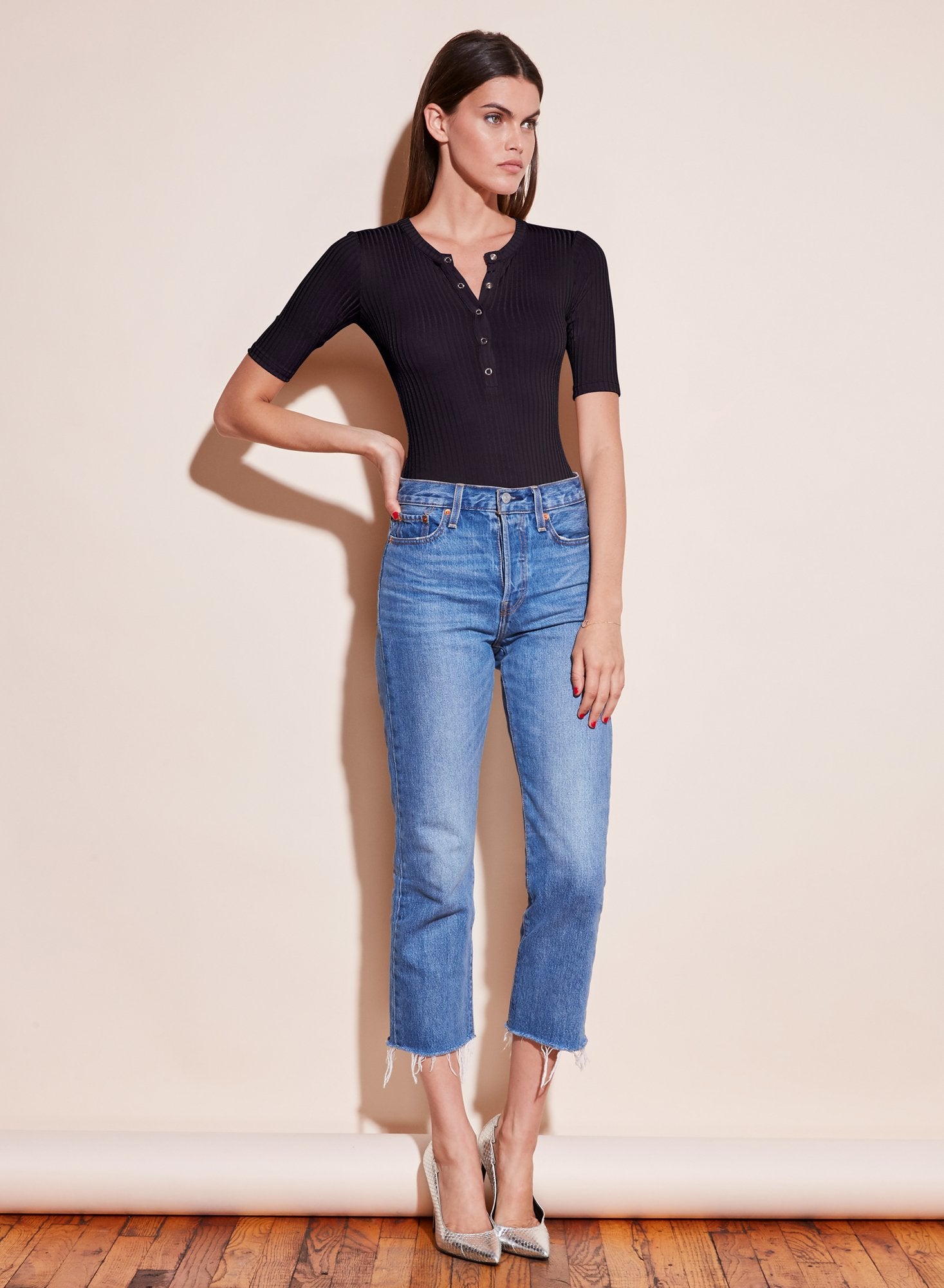 Ribbed Knit Henley Bodysuit