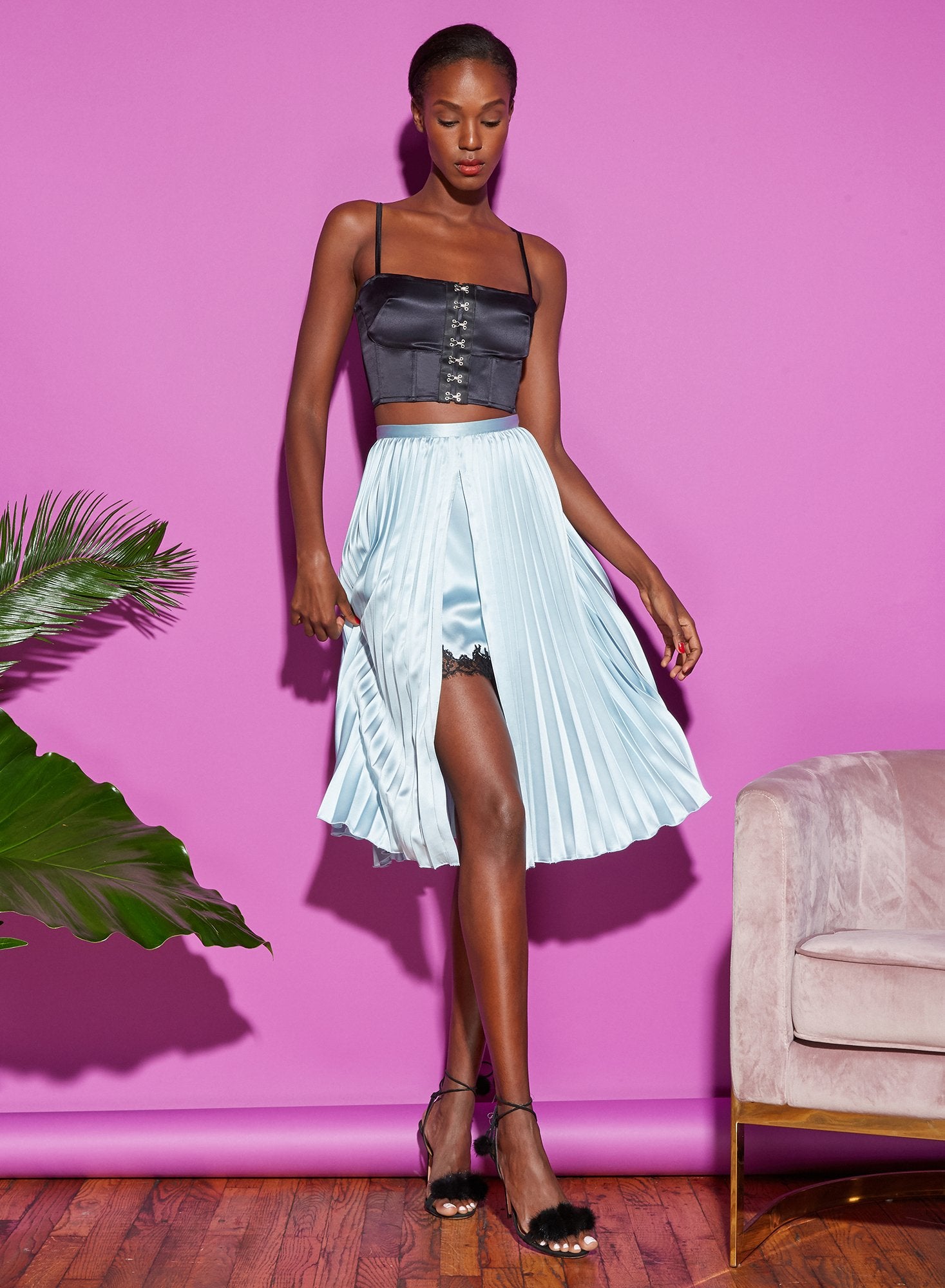 Pleated Lace Insert Skirt