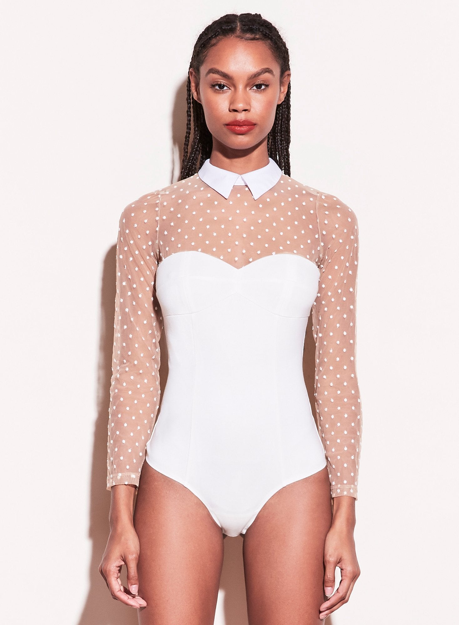 Collared Bodysuit with Dotted Tulle