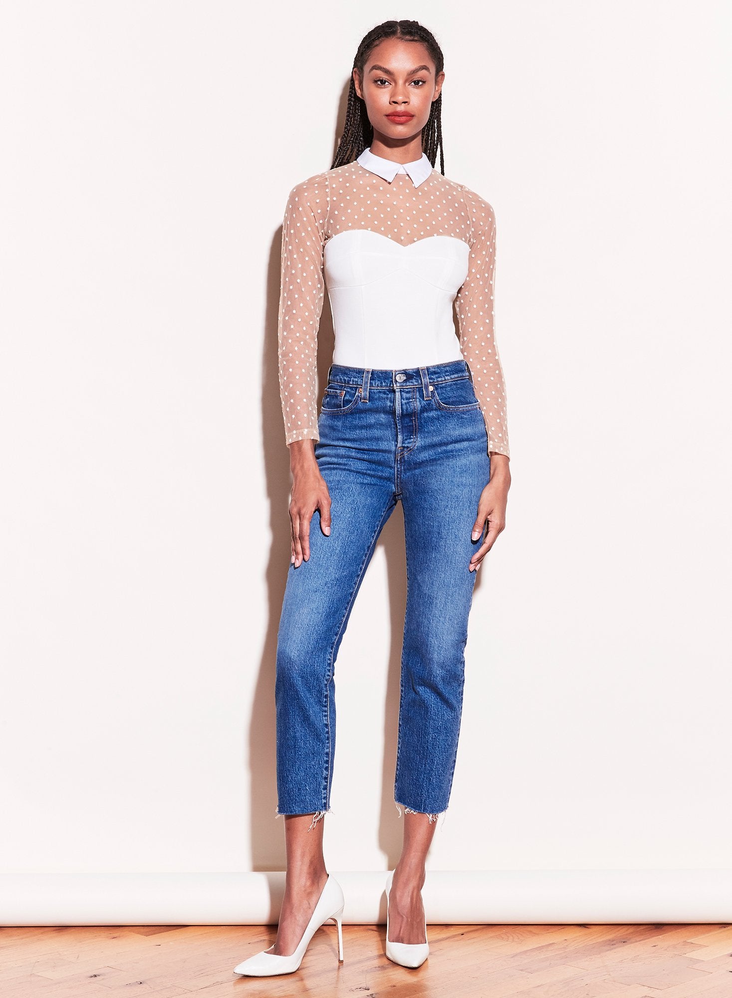 Collared Bodysuit with Dotted Tulle