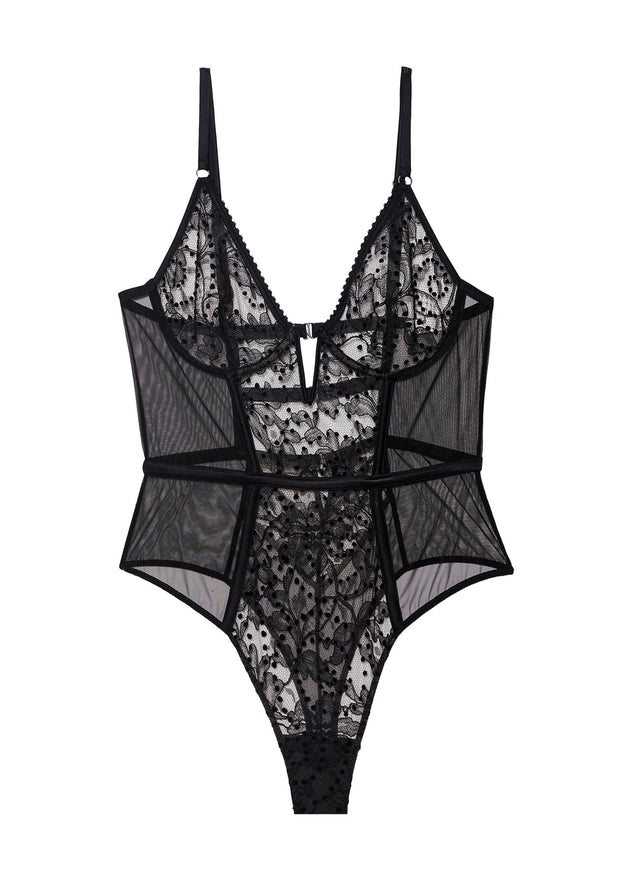 Black - Flocked Lace Bodysuit | Fleur du Mal - DEMO