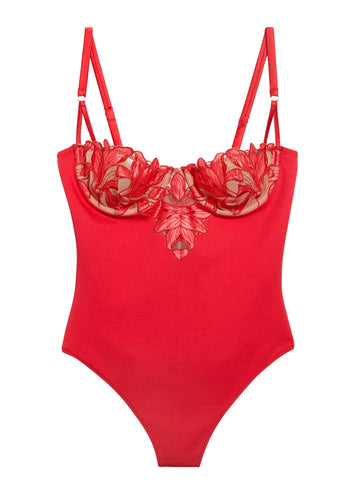 Red poppy - Lily Embroidery Balconette Bodysuit | Fleur du Mal - DEMO