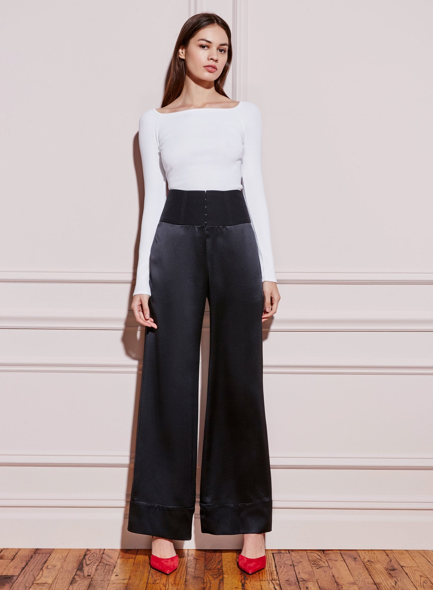 Contrast Waist Wide Leg Pant