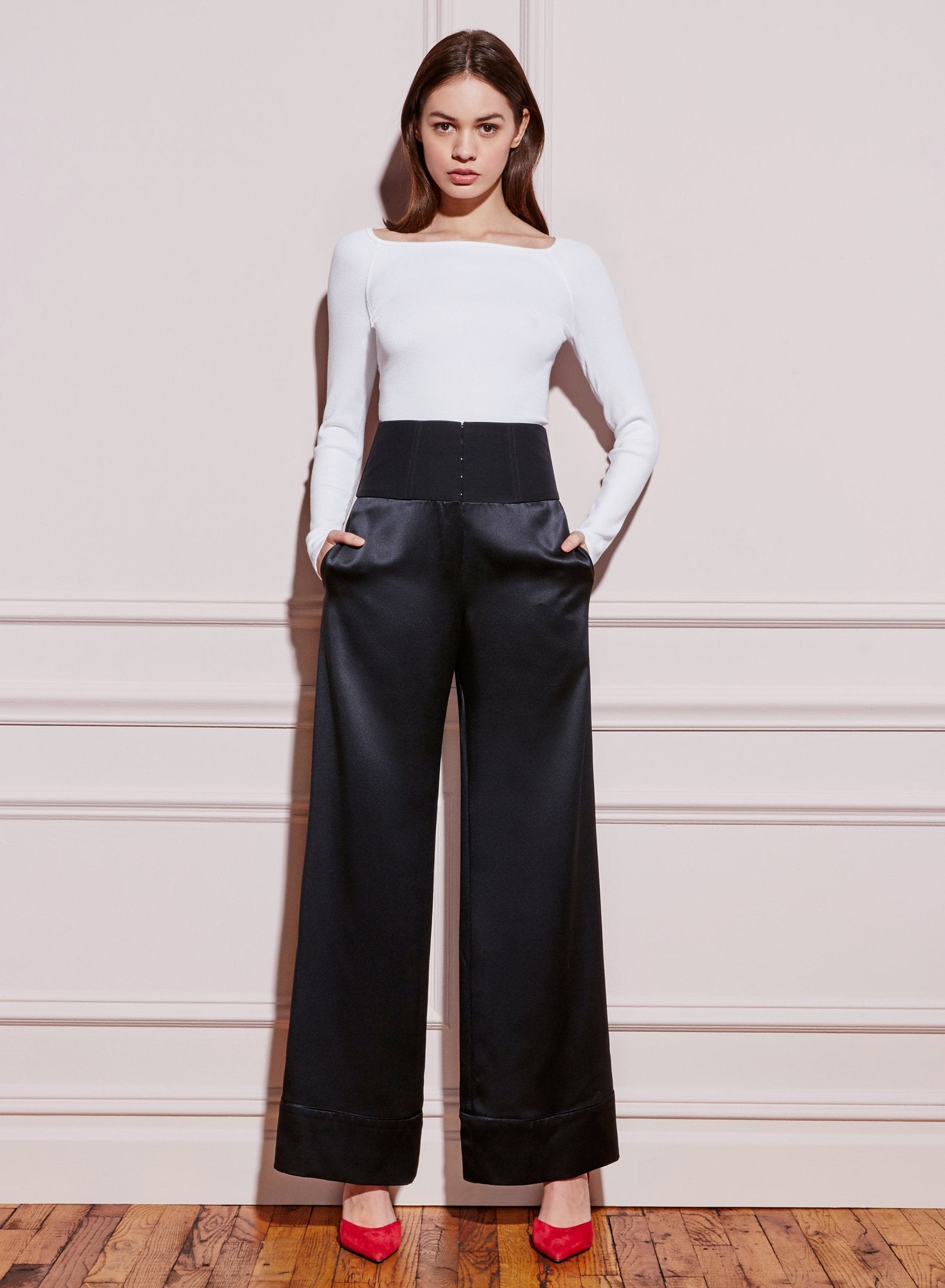 Contrast Waist Wide Leg Pant