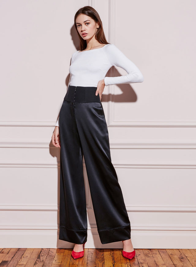 Black - Contrast Waist Wide Leg Pant | Fleur du Mal - DEMO