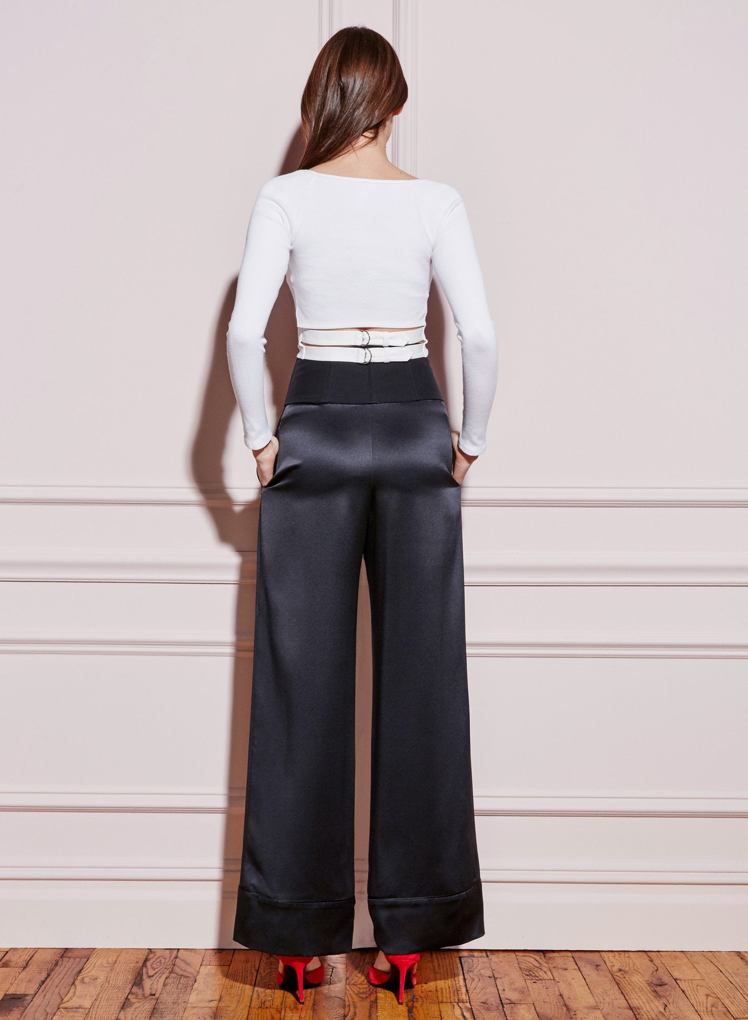 Contrast Waist Wide Leg Pant