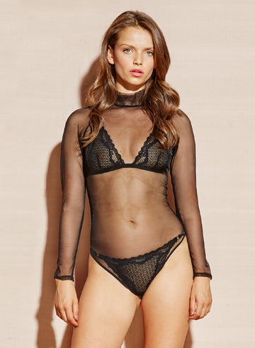 Black - Sheer Tulle Turtleneck Bodysuit | Fleur du Mal - DEMO