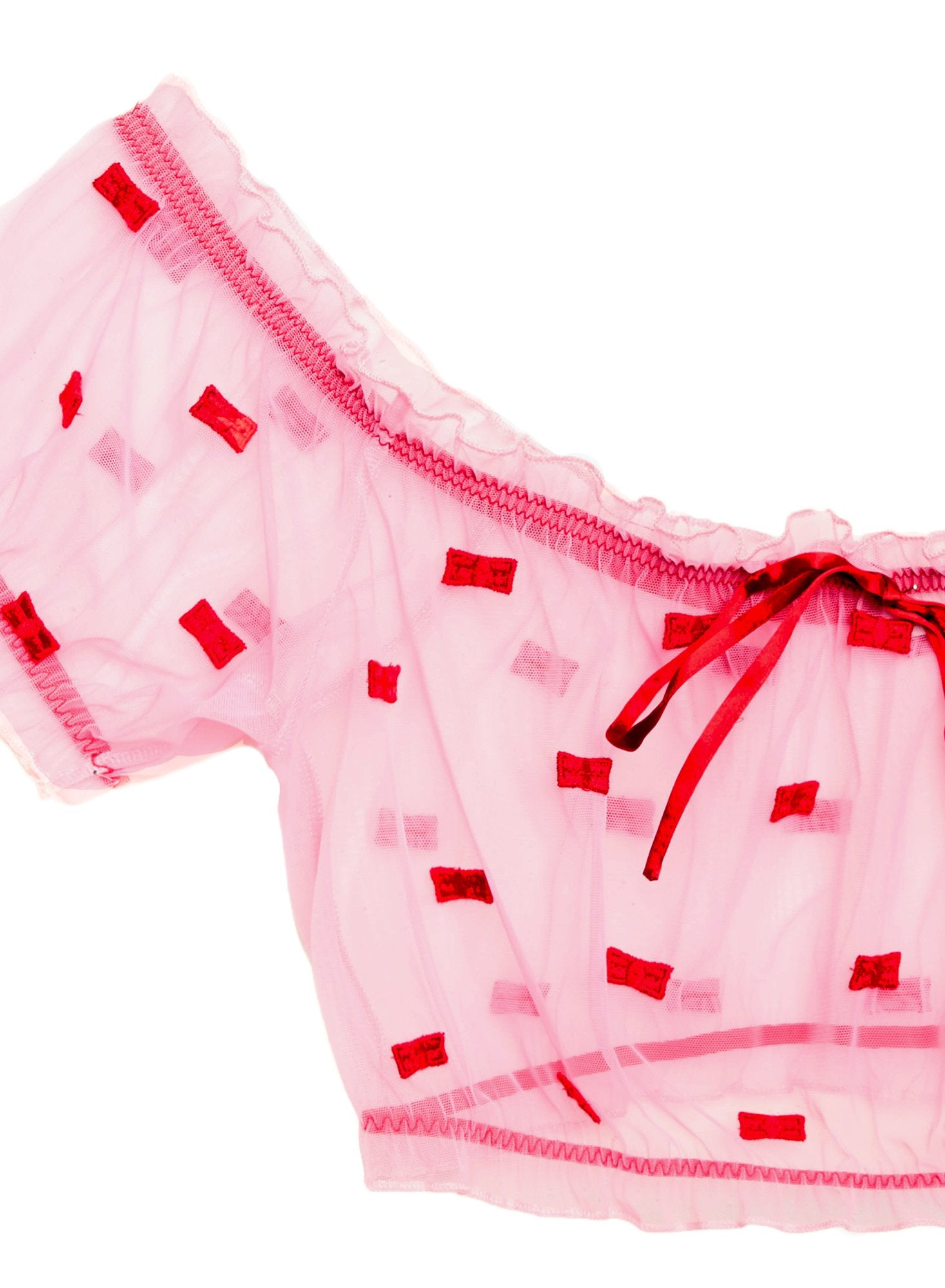 Bow Embroidery Ruched Top