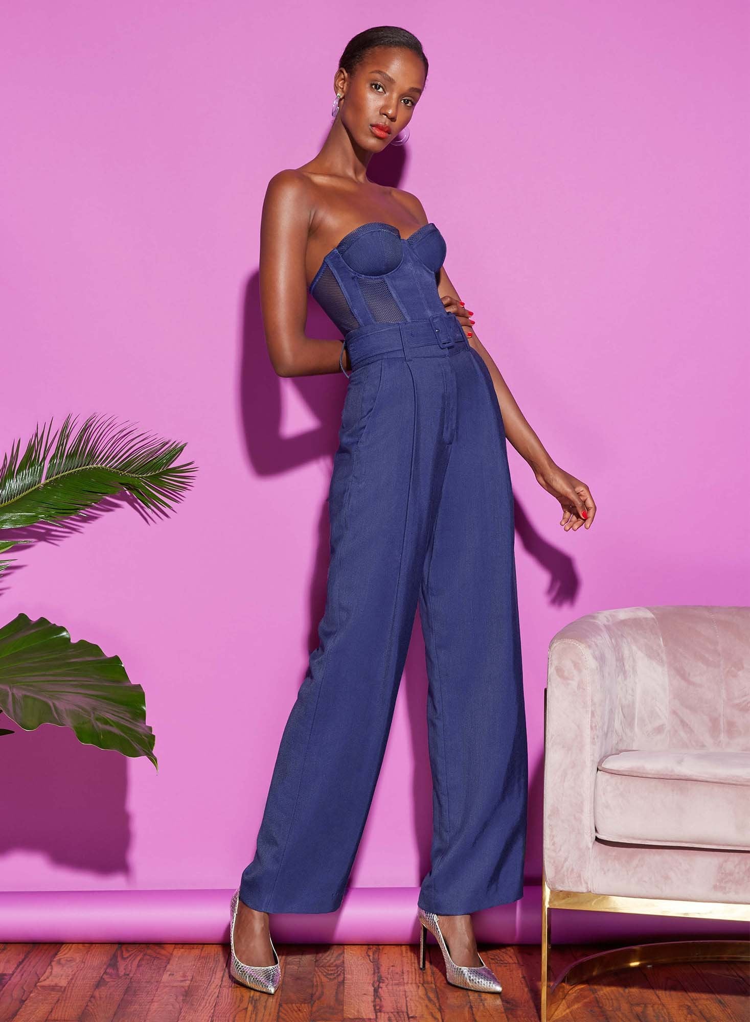 Twill & Mesh Strapless Bustier Top