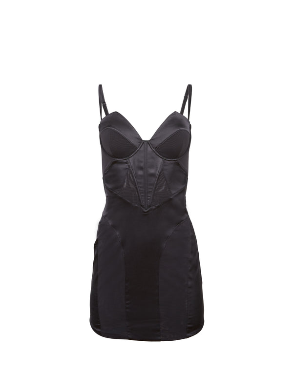 Black - Silk &amp; Mesh Bustier Dress | Fleur du Mal - DEMO