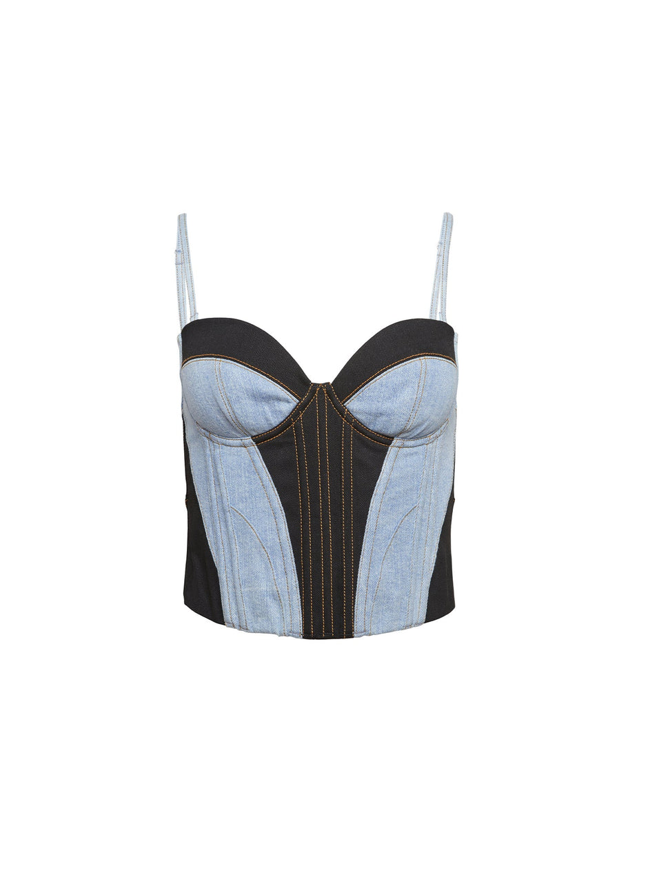 Black/lightwash denim - Two Tone Denim Bustier | Fleur du Mal - DEMO