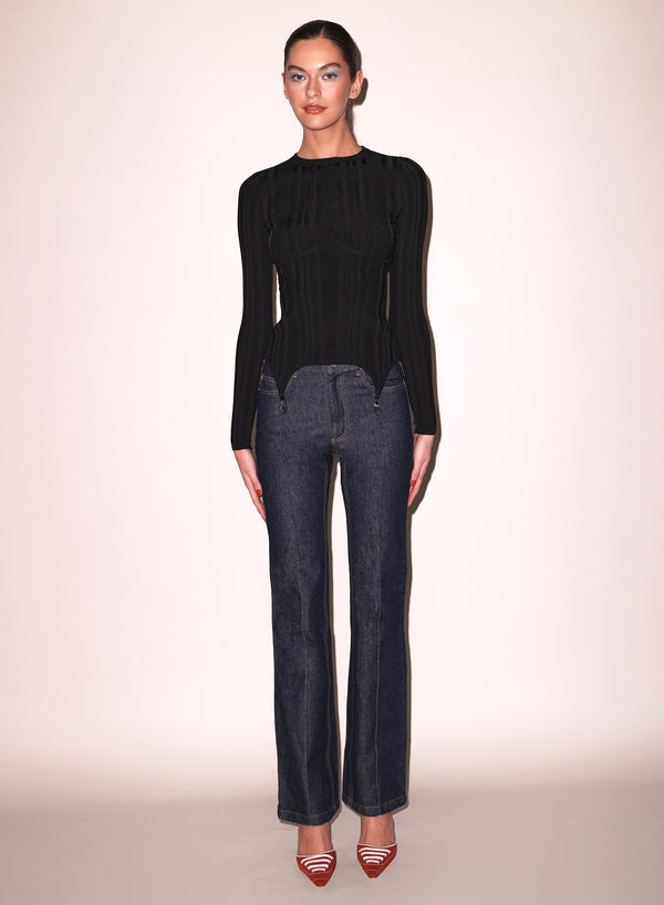 Black - Rib Long Sleeve Garter Top | Fleur du Mal - DEMO
