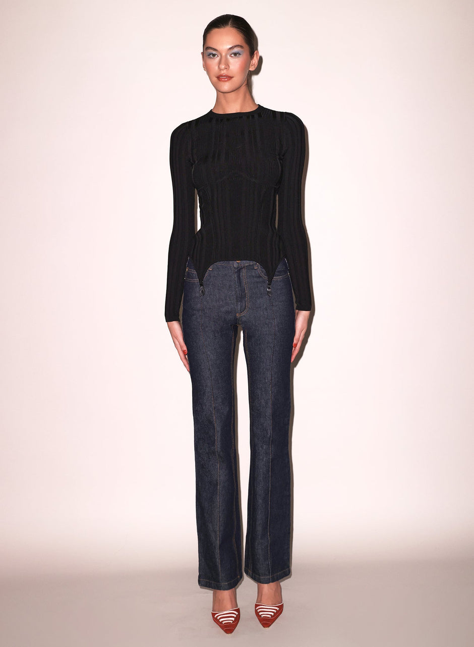 Black - Rib Long Sleeve Garter Top | Fleur du Mal - DEMO