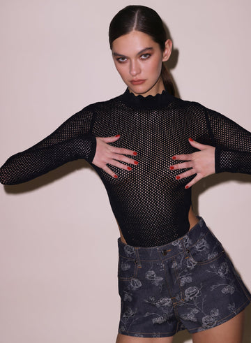 Black - Scalloped Pointelle Knit Top | Fleur du Mal - DEMO