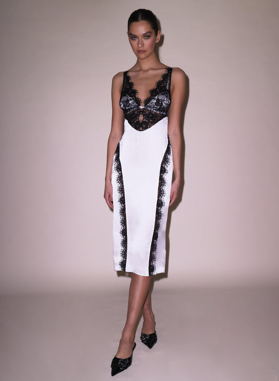 Ivory - Silk &amp; Lace V Neck Dress | Fleur du Mal - DEMO