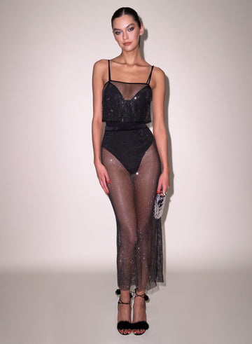 Black - Rhinestone Fishnet Skirt | Fleur du Mal - DEMO