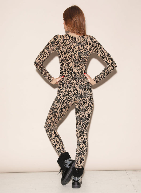 Tan butterfly jacquard - Knit Catsuit | Fleur du Mal - DEMO