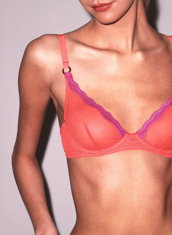 Neon coral - Sheer Tulle Demi Bra | Fleur du Mal - DEMO