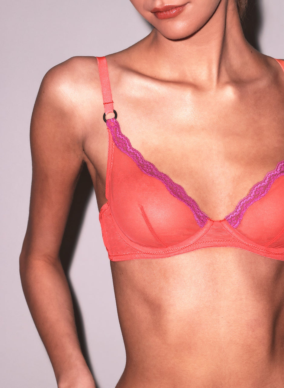 Neon coral - Sheer Tulle Demi Bra | Fleur du Mal - DEMO