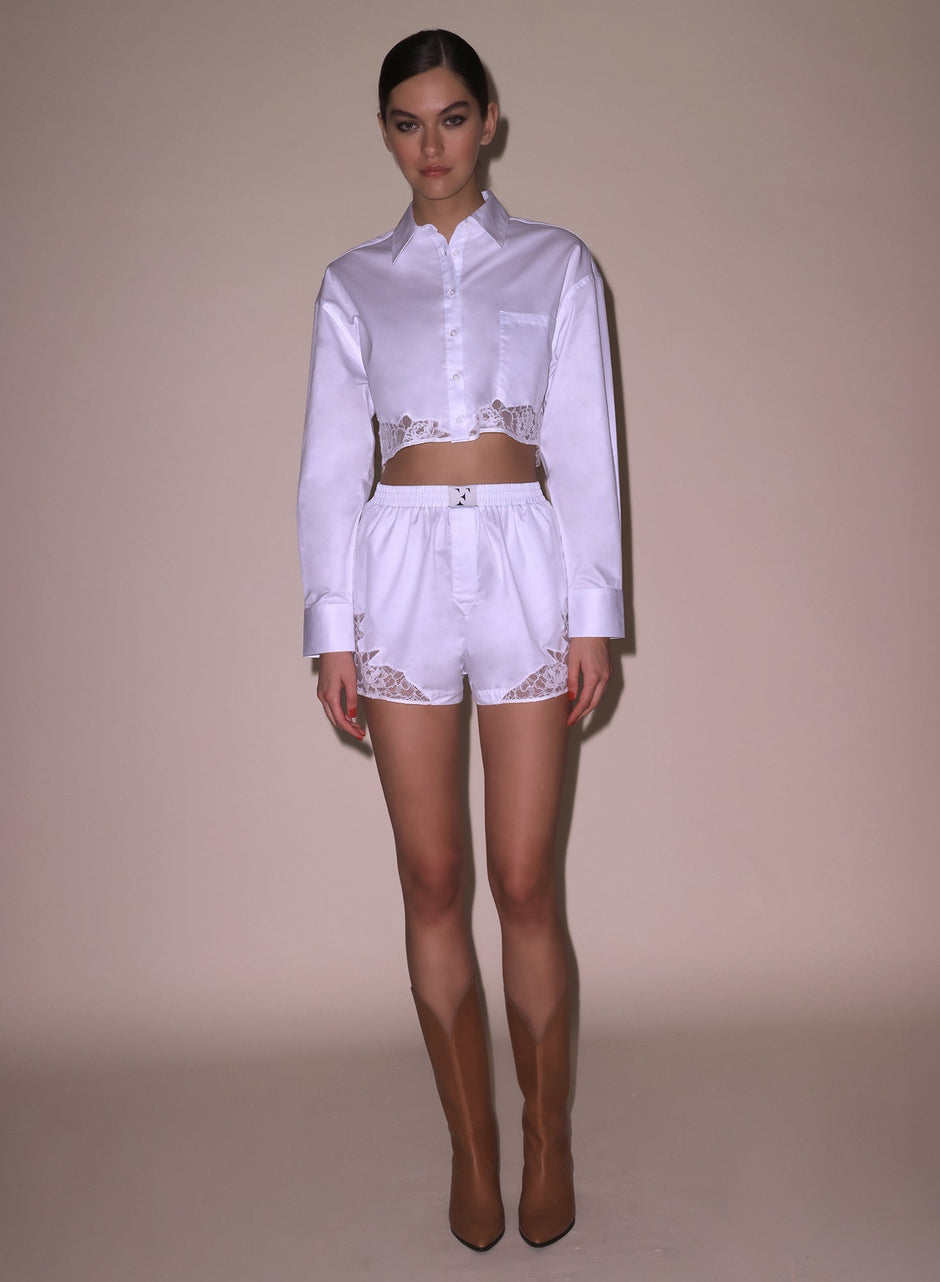 White - Poplin Cropped Button Down | Fleur du Mal - DEMO
