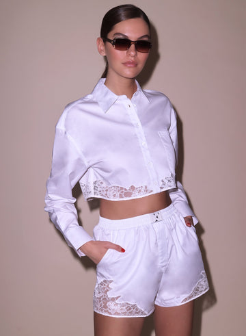 White - Poplin Cropped Button Down | Fleur du Mal - DEMO