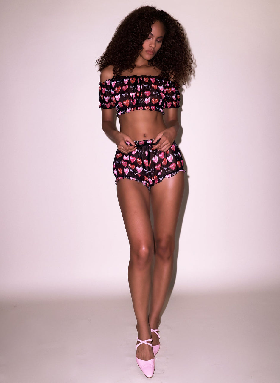 Heartbreaker print - Ruched Mesh Short | Fleur du Mal - DEMO