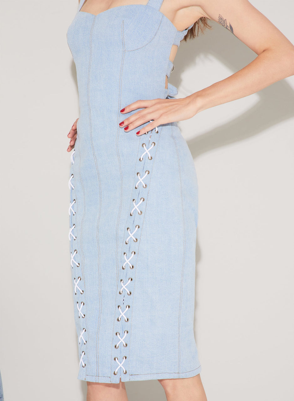 Light wash denim - Denim Lace Up Dress | Fleur du Mal - DEMO