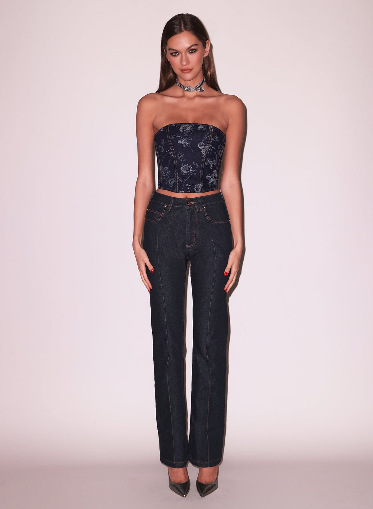 Denim Jacquard Corset Top