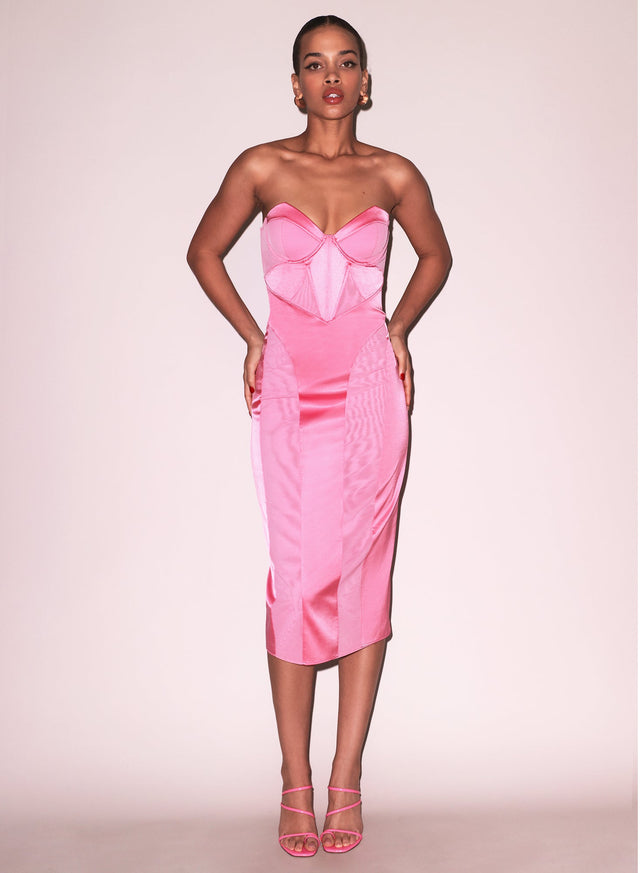 Pink obsession - Satin &amp; Mesh Bustier Midi Dress | Fleur du Mal - DEMO