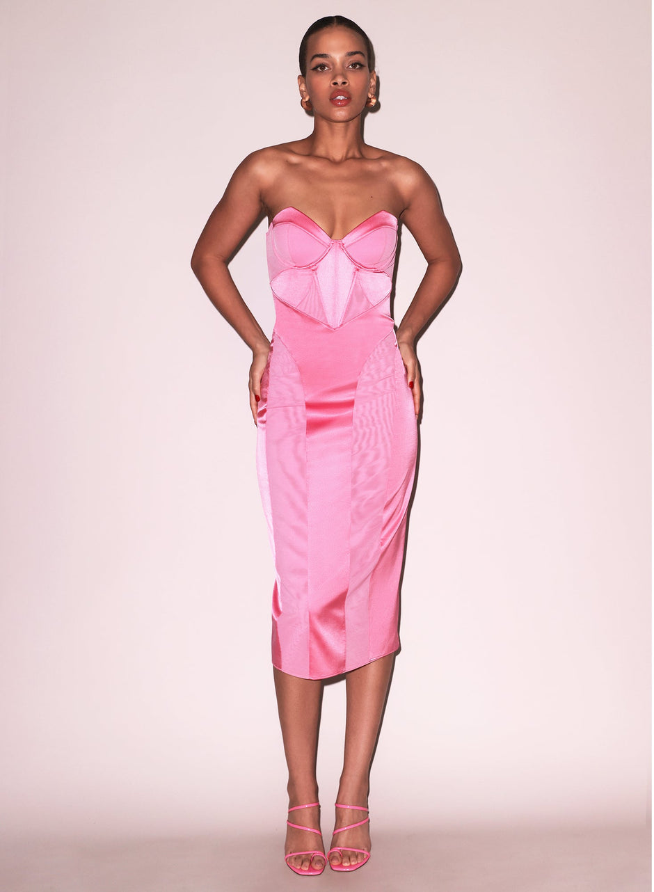 Pink obsession - Satin &amp; Mesh Bustier Midi Dress | Fleur du Mal - DEMO