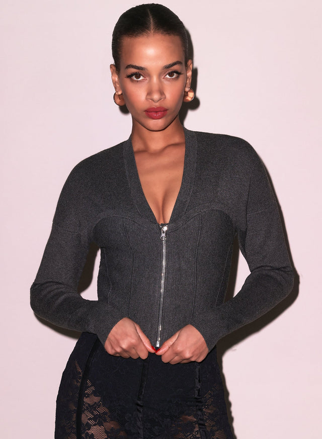 Dark heather grey - Knit Zip Bustier Cardigan | Fleur du Mal - DEMO