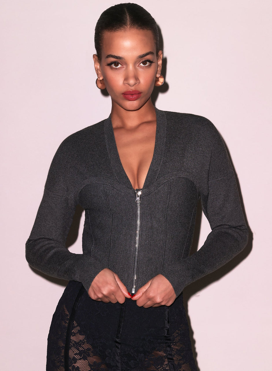 Dark heather grey - Knit Zip Bustier Cardigan | Fleur du Mal - DEMO