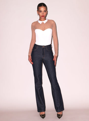 Ivory - Collared Bodysuit with Dotted Tulle | Fleur du Mal - DEMO
