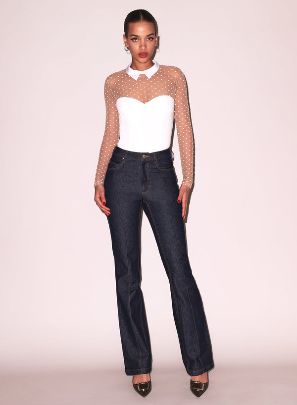 Ivory - Collared Bodysuit with Dotted Tulle | Fleur du Mal - DEMO