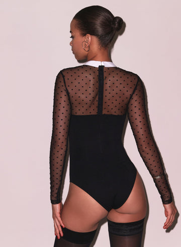 Black - Collared Bodysuit with Dotted Tulle | Fleur du Mal - DEMO