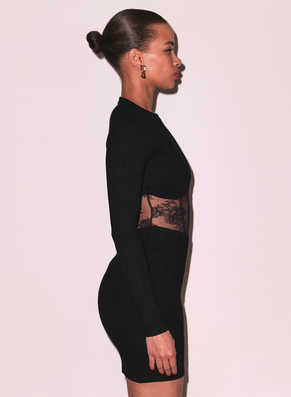 Black - Rib and Bouquet Lace Boned Dress | Fleur du Mal - DEMO