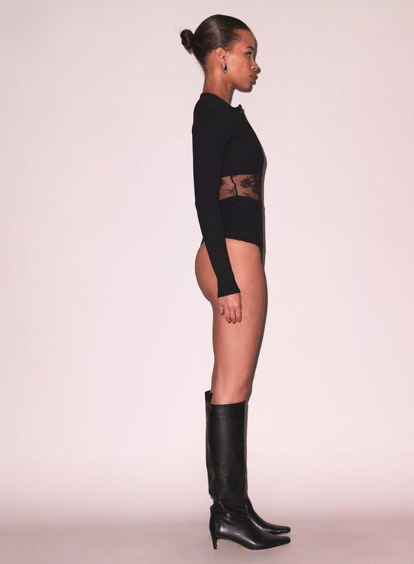 Black - Rib &amp; Bouquet Lace Underbust Bodysuit | Fleur du Mal - DEMO