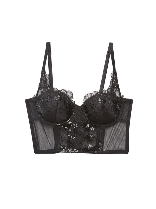 Black - Sequin Violet Embroidery Bustier Top | Fleur du Mal - DEMO