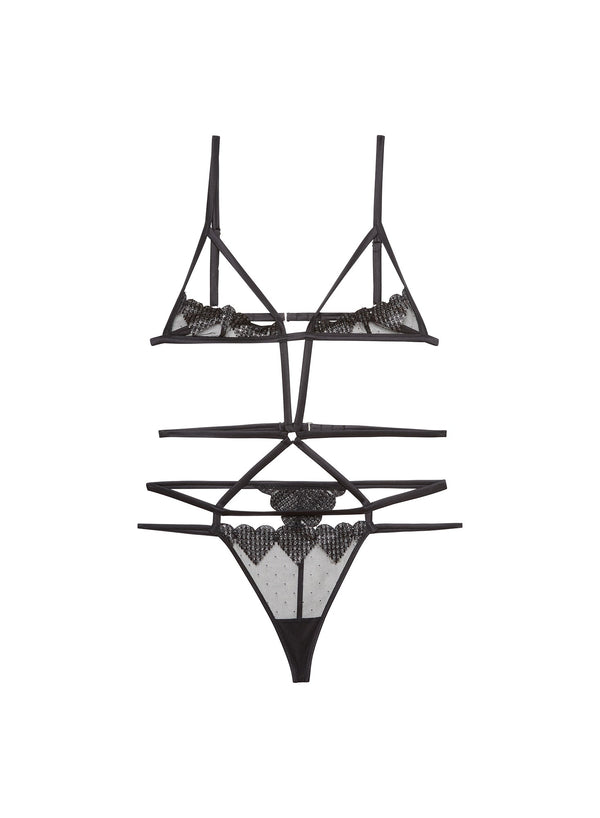 Black - Heart Embroidery Ouvert Bondage Bodysuit | Fleur du Mal - DEMO