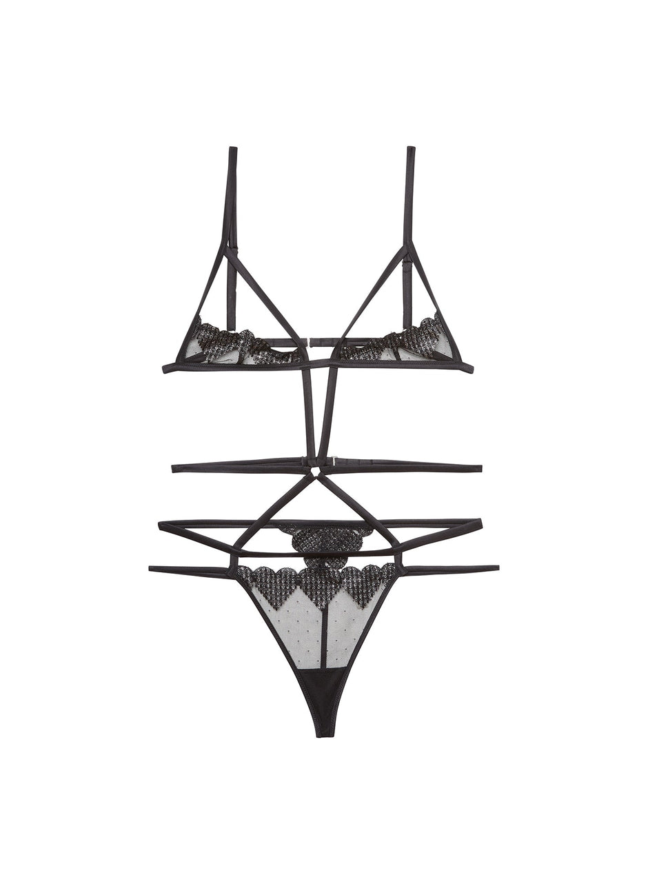 Black - Heart Embroidery Ouvert Bondage Bodysuit | Fleur du Mal - DEMO